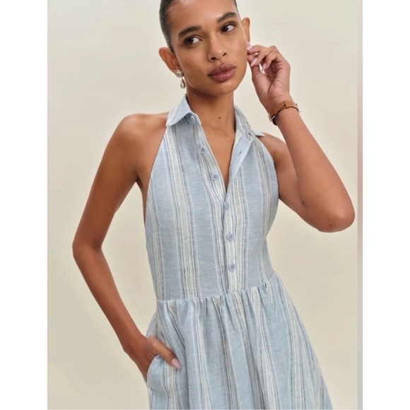 NWT Reformation Tace Linen Midi Dress Corsica Stripe Blue White 10 - Picture 3 of 15